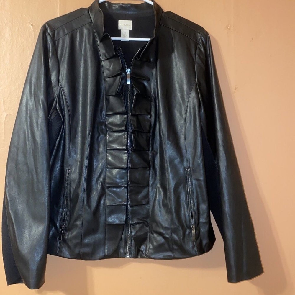 Chicos Women Vanity Size 2 (Large/12) Black Zip Faux Leather Moto Jacket